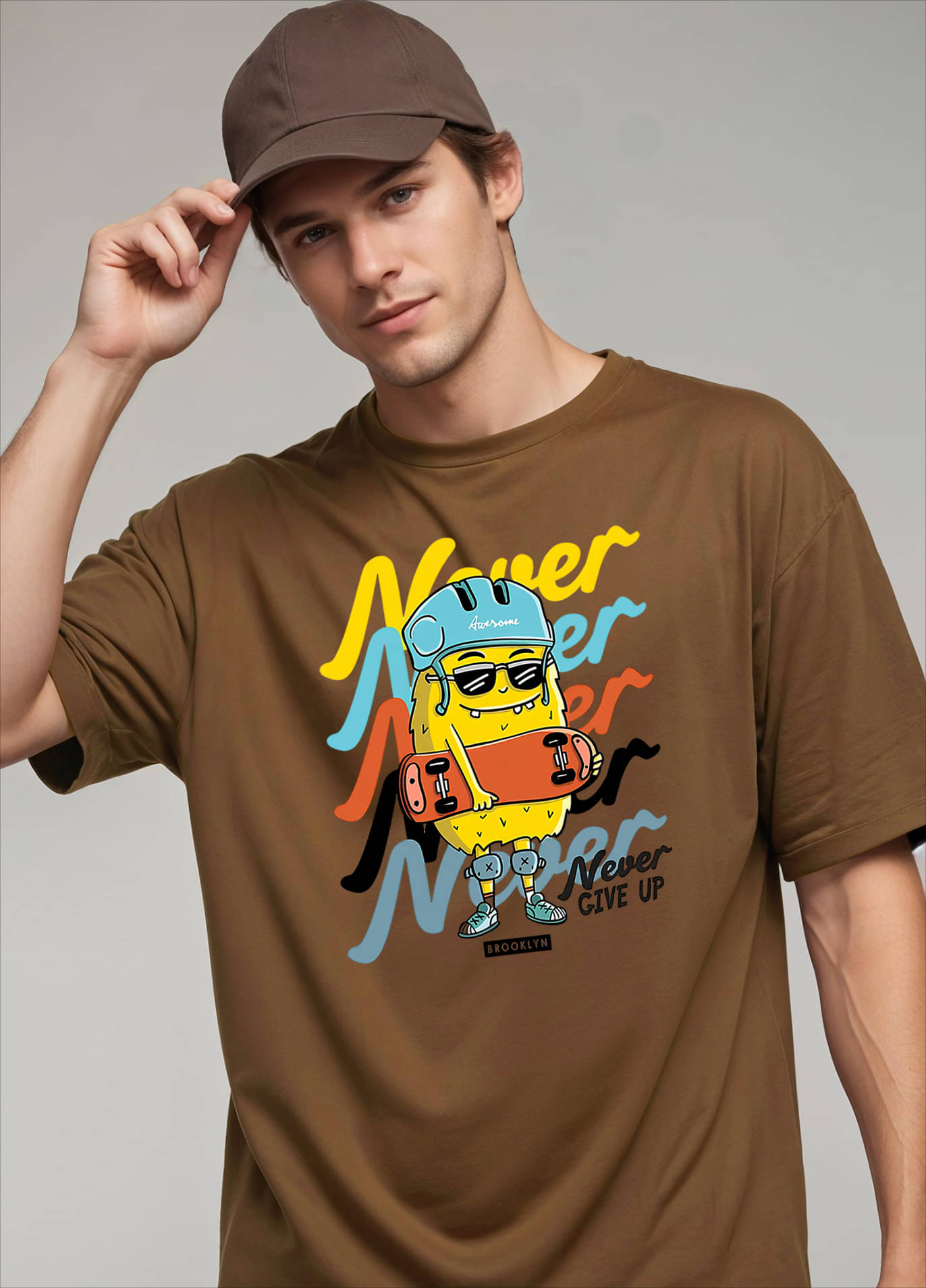 Smartees Men Cotton Blend Oversized Fit Printed T-Shirt ( Brown ) Smartees Men Cotton Blend Oversized Fit Printed T-Shirt ( Brown )