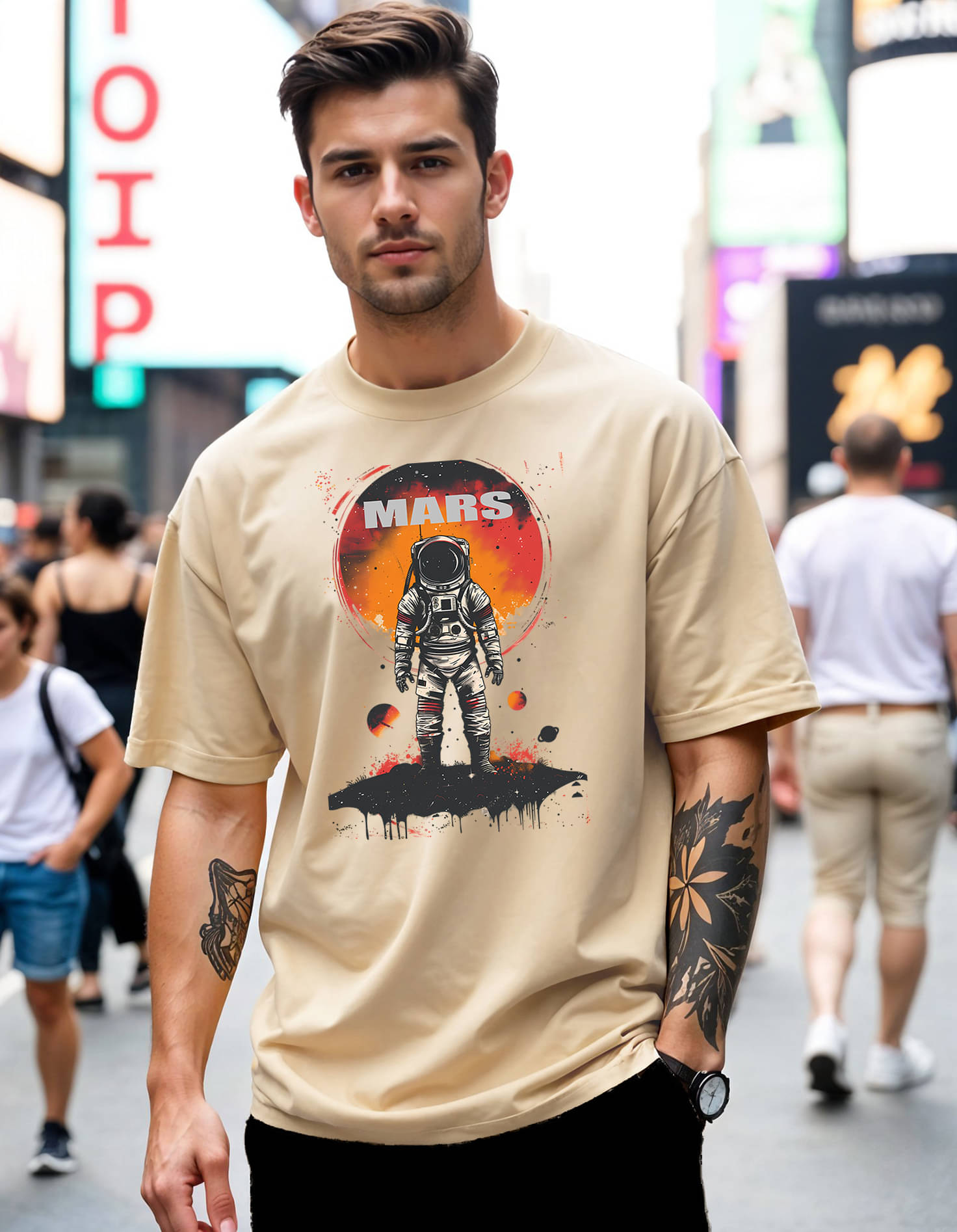 Smartees Men Cotton Blend Oversized Fit Printed T-Shirt ( Beige ) Smartees Men Cotton Blend Oversized Fit Printed T-Shirt ( Beige )