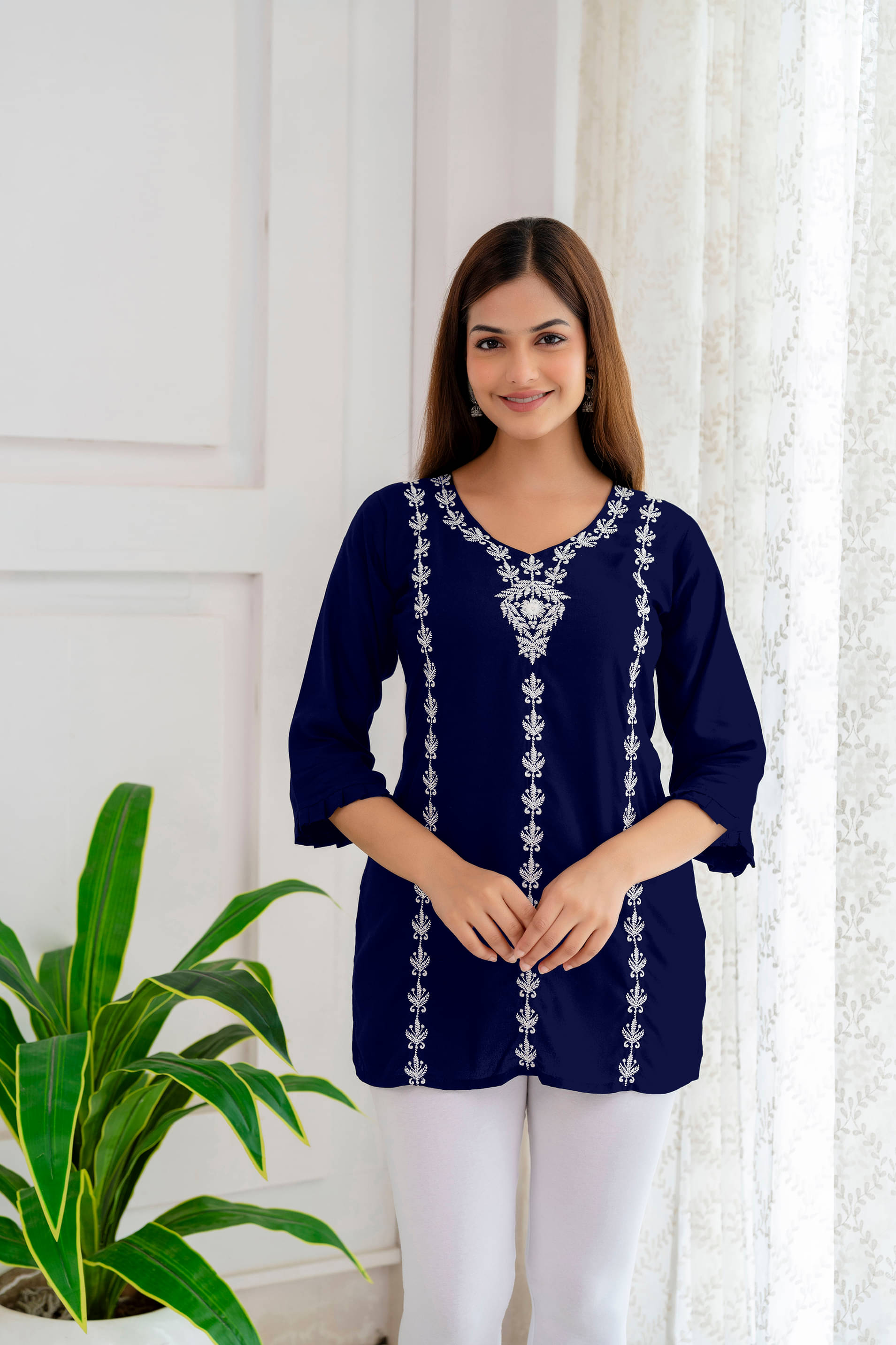     			Udati Kaliya Women's Rayon Embroidered Straight Kurti - ( Navy )