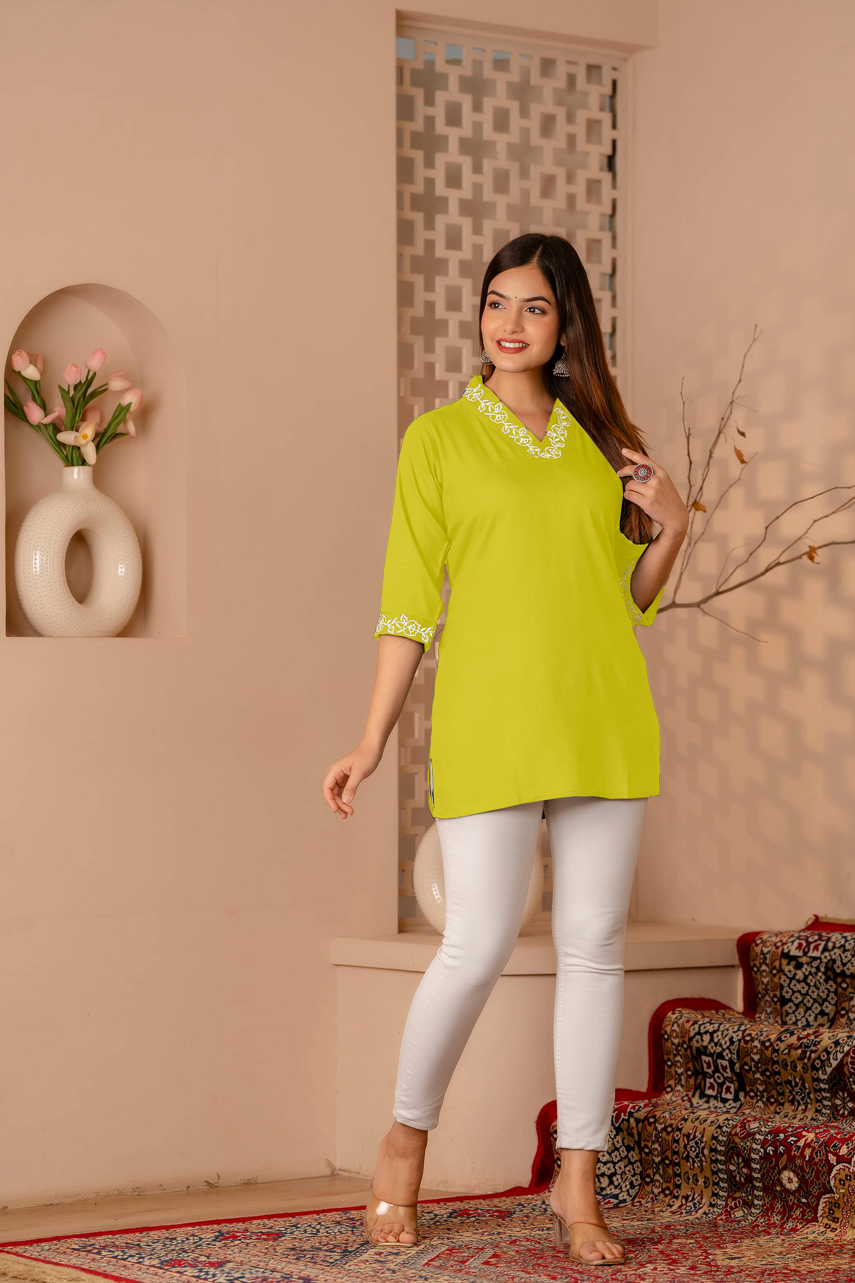 Udati Kaliya Women's Rayon Embroidered Straight Kurti - ( Yellow )     			Udati Kaliya Women's Rayon Embroidered Straight Kurti - ( Yellow )