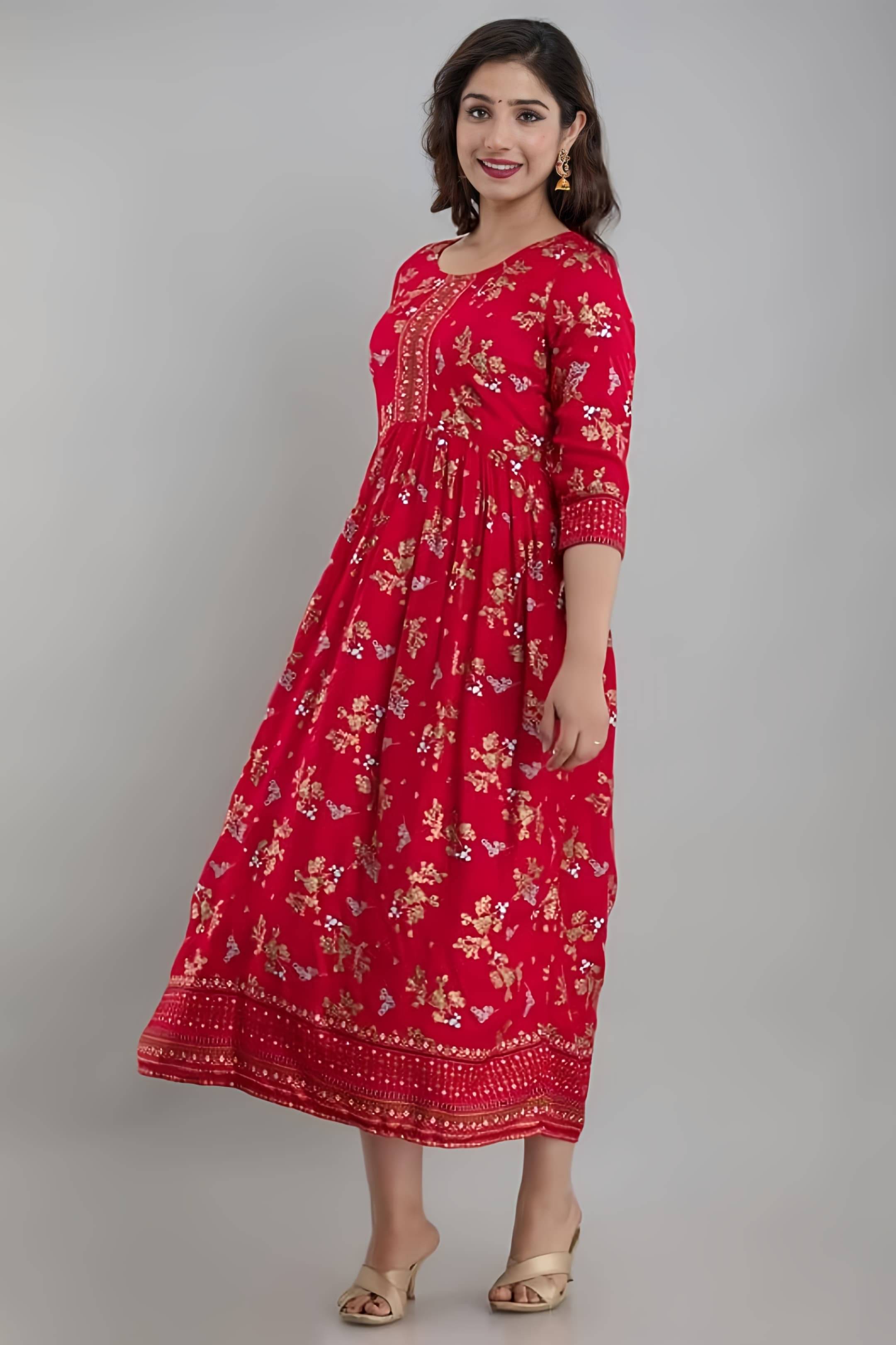     			VKASHFAB Women's Rayon Printed Anarkali Kurti - ( Red )