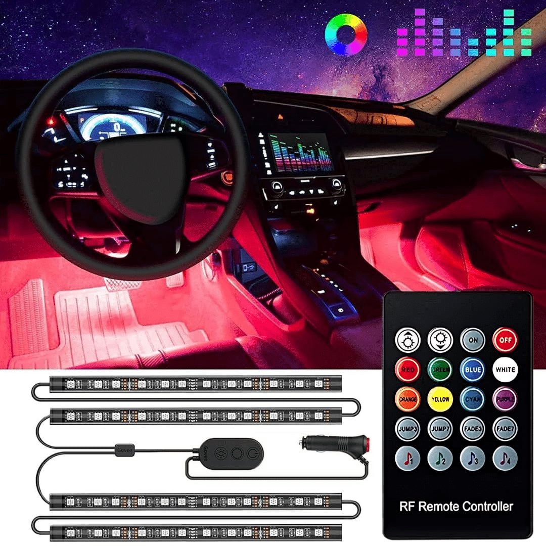 Aksmit 4 Pieces 12 LED DC 12V Multicolour Music Car Strip Atmosphere Lamp Light for Car Interior Under Dash Lighting Kit with Sound Active Function and Wireless Control Aksmit 4 Pieces 12 LED DC 12V Multicolour Music Car Strip Atmosphere Lamp Light for Car Interior Under Dash Lighting Kit with Sound Active Function and Wireless Control