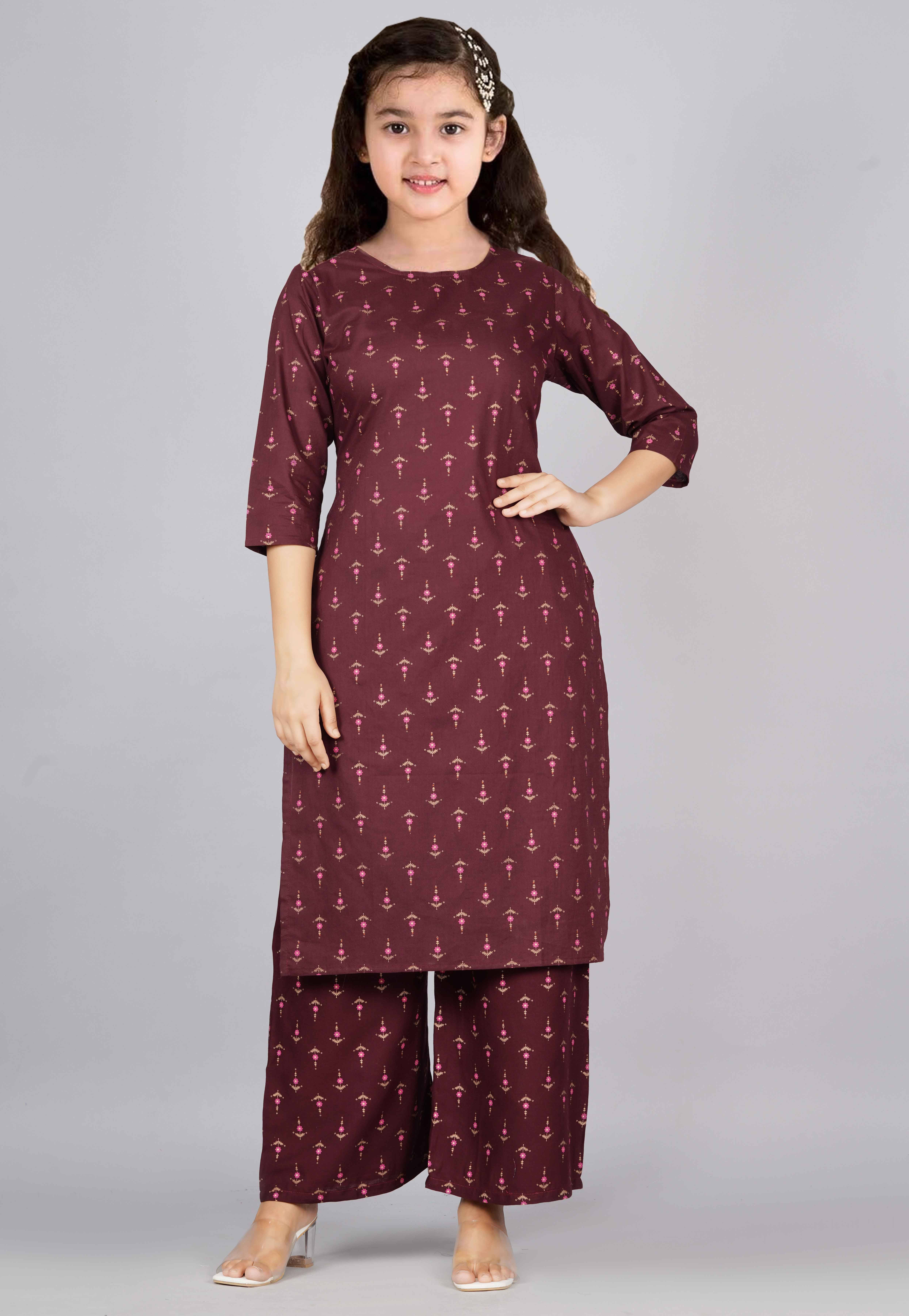     			Bholukart Girls Cotton Blend Kurti with Pants ( Pack of 1 , Maroon )