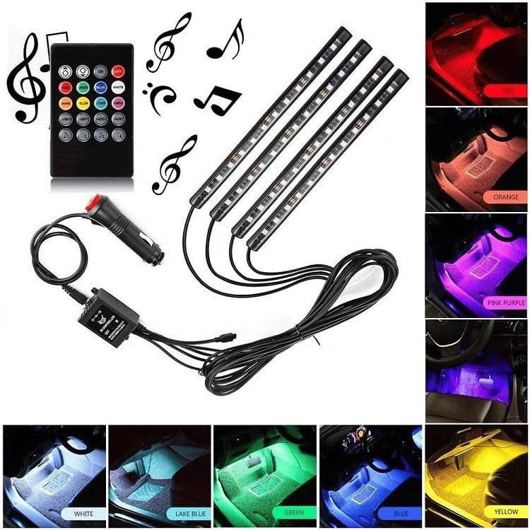     			Car Atmosphere LED Lights 4pcs 48 LED 12V Multicolor Strip Lights Wireless car interior Music Sync Interior Ambient Lighting for Footwell Dashboard Doors Customizable car atmosphere light