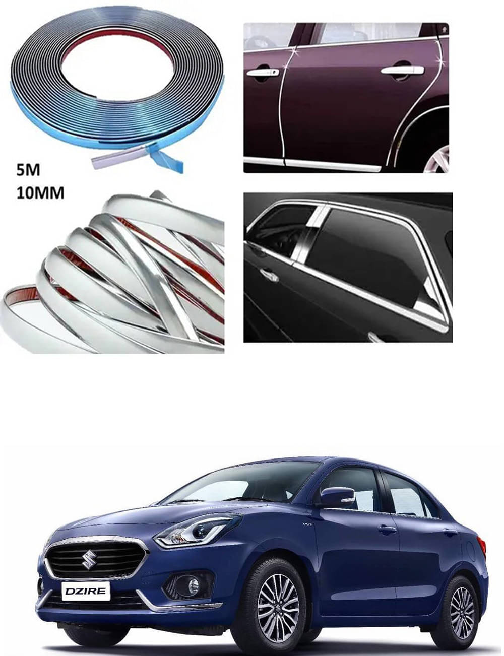     			APICAL Side Chrome Beading For Car Exterior Decorating and Styling Strips (12 mm 5 meter) For Maruti Suzuki Swift Dzire