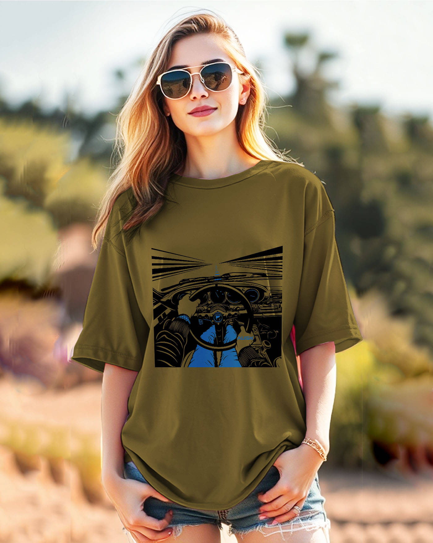     			AUSK Women Cotton Blend Printed Oversized Round Neck T-Shirt ( Green )