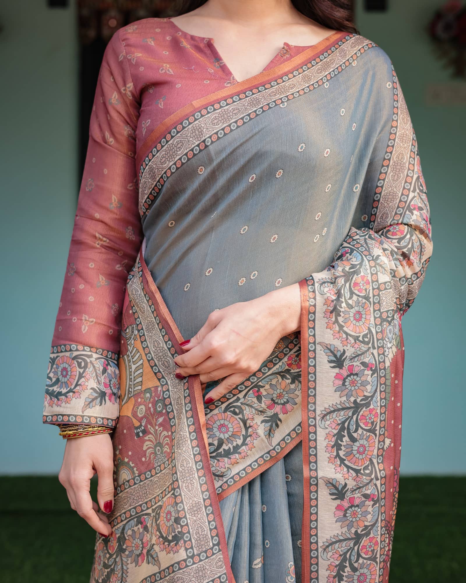Almaari Fashion Cotton Blend Printed Saree With Stitched Blouse ( Multicolor ) - Sarees | Buy online on ZillyBuy