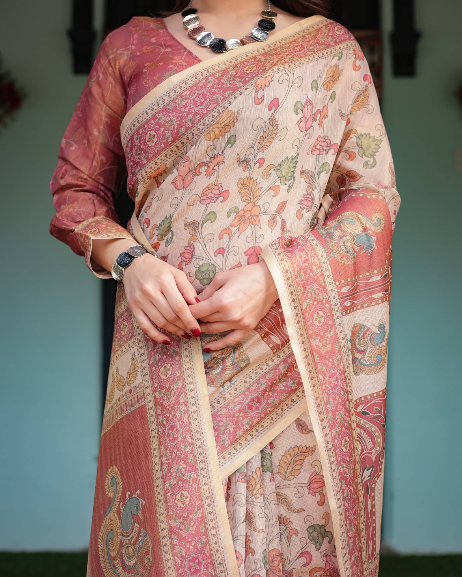 Almaari Fashion Cotton Blend Printed Saree With Stitched Blouse ( Multicolor ) Almaari Fashion Cotton Blend Printed Saree With Stitched Blouse ( Multicolor )
