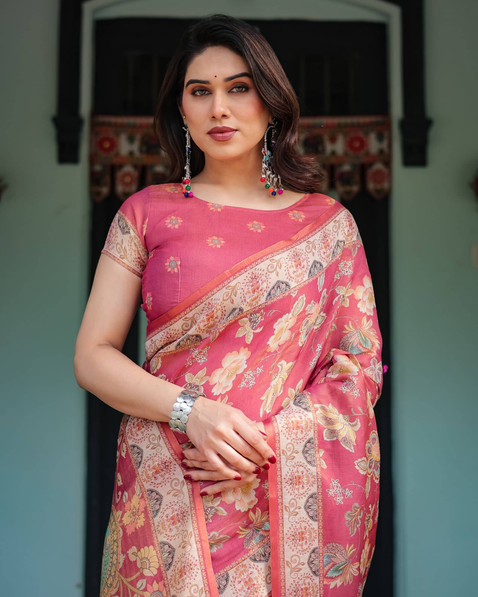 Almaari Fashion Cotton Blend Printed Saree With Stitched Blouse ( Multicolor ) - Sarees | Buy online on ZillyBuy