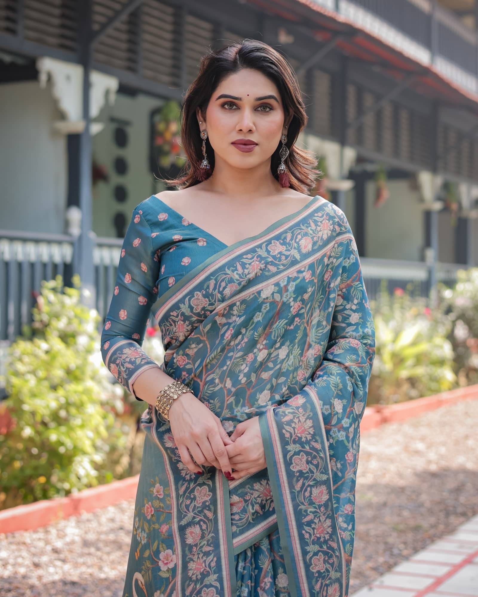 Almaari Fashion Cotton Blend Printed Saree With Stitched Blouse ( Multicolor ) - Sarees | Buy online on ZillyBuy