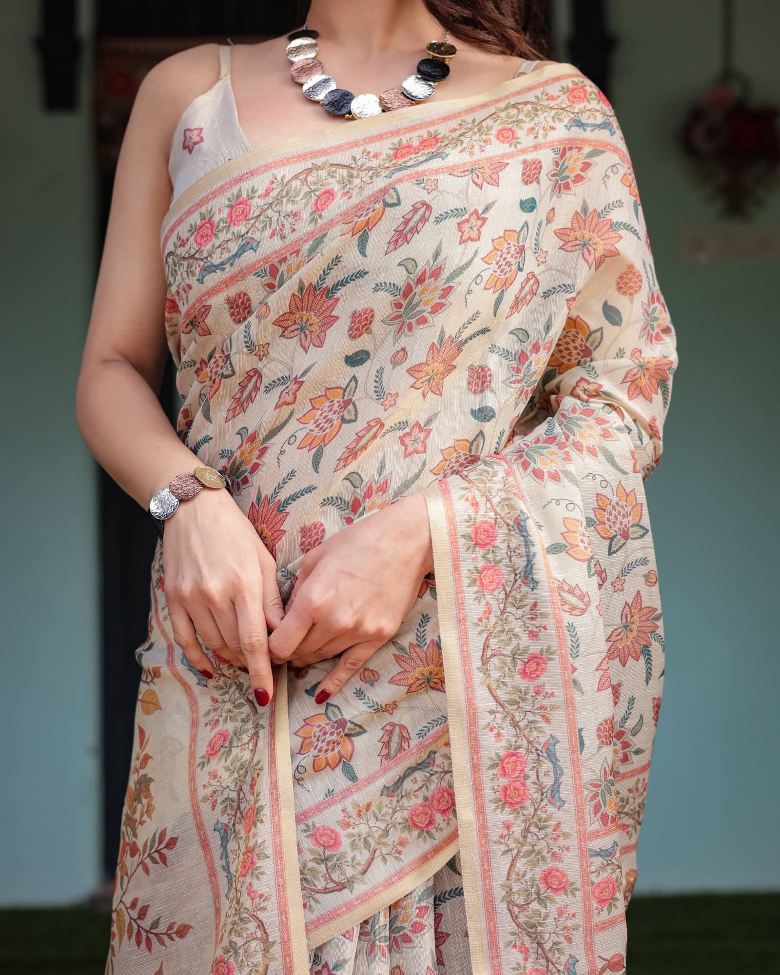 Almaari Fashion Cotton Blend Printed Saree With Stitched Blouse ( Multicolor ) - Sarees | Buy online on ZillyBuy