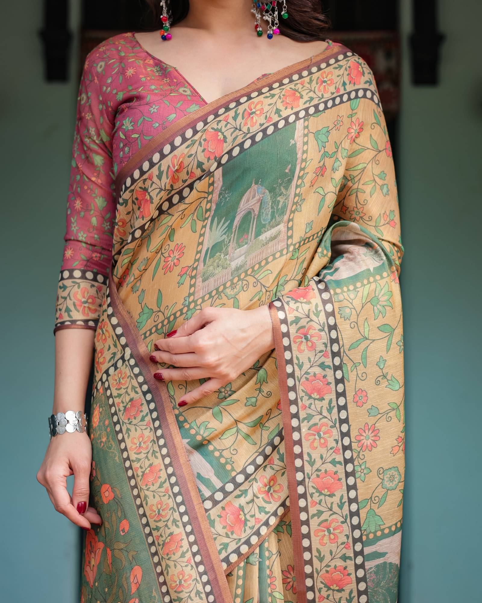     			Almaari Fashion Cotton Blend Printed Saree With Stitched Blouse ( Multicolor )