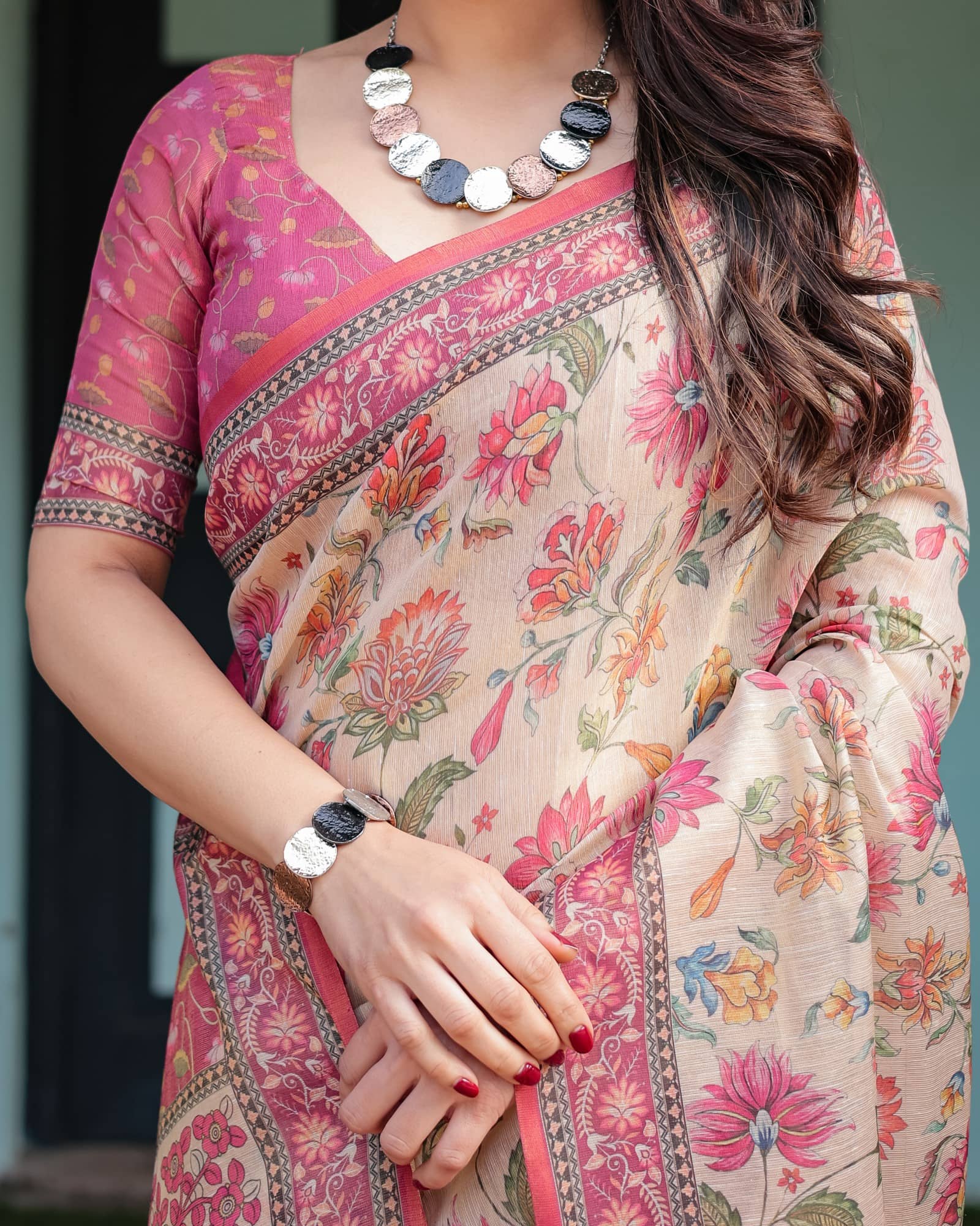 Almaari Fashion Cotton Blend Printed Saree With Stitched Blouse ( Multicolor ) - Sarees | Buy online on ZillyBuy