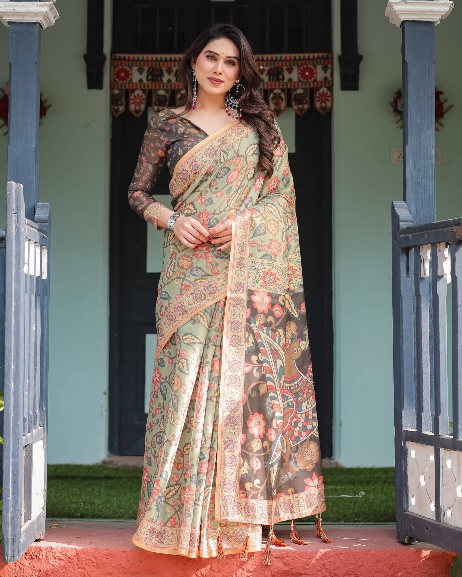 Almaari Fashion Cotton Blend Printed Saree With Stitched Blouse ( Multicolor ) Almaari Fashion Cotton Blend Printed Saree With Stitched Blouse ( Multicolor )