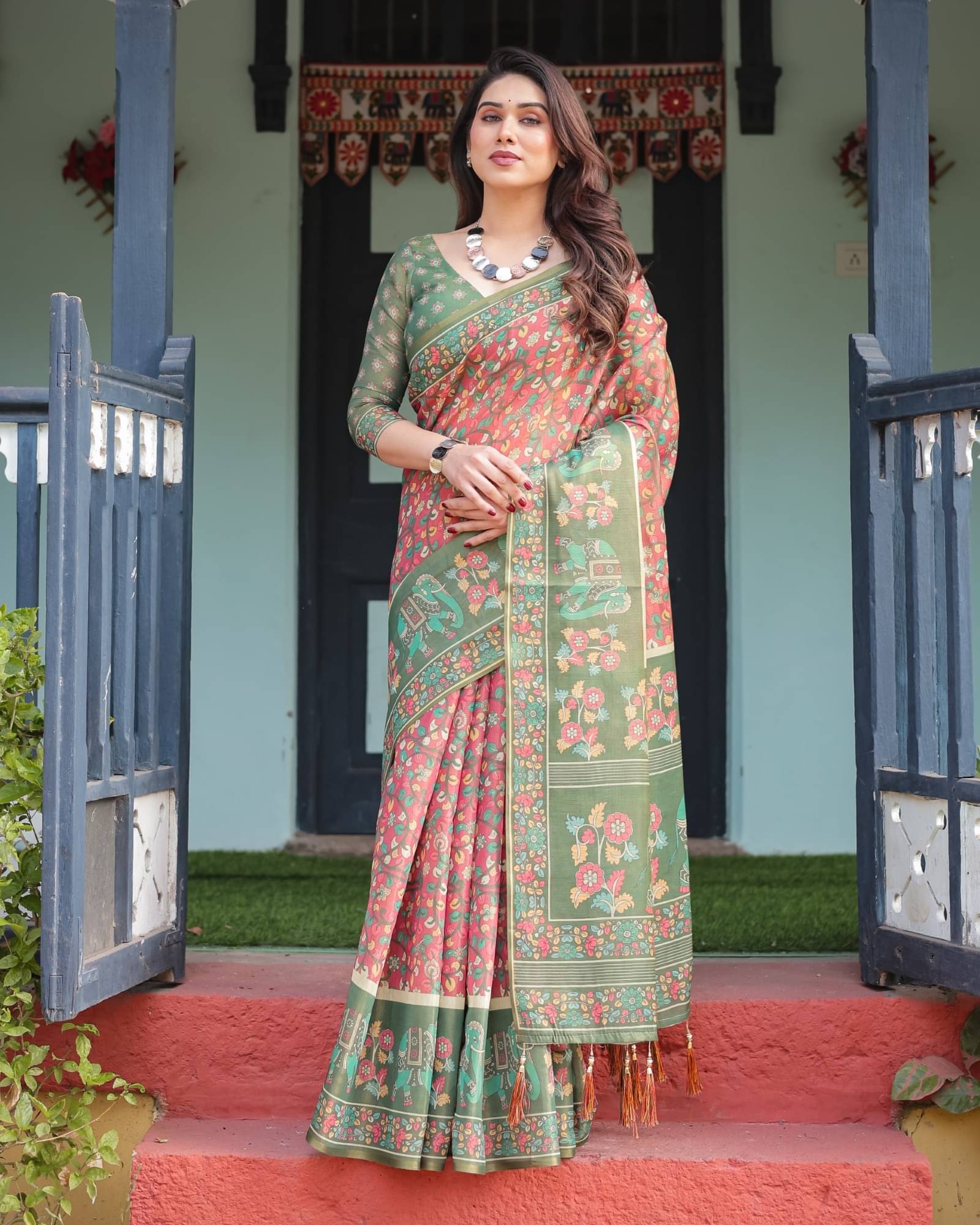 Almaari Fashion Linen Printed Saree With Stitched Blouse ( Multicolor ) Almaari Fashion Linen Printed Saree With Stitched Blouse ( Multicolor )