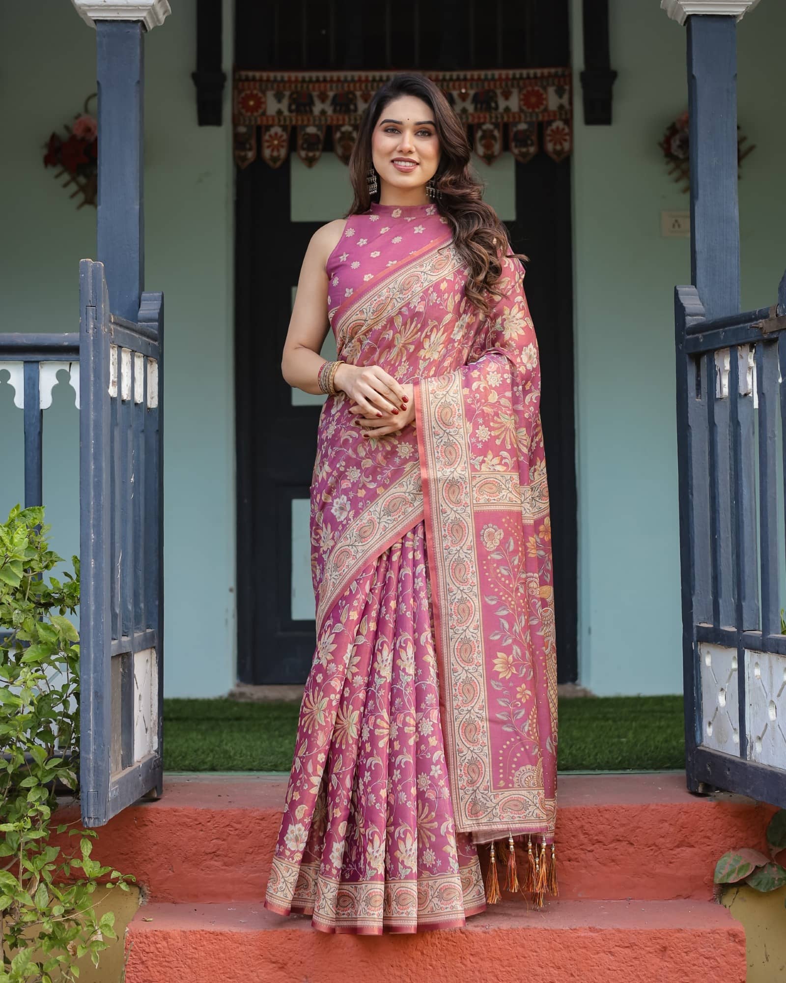 Almaari Fashion Linen Printed Saree With Stitched Blouse ( Multicolor ) - Sarees | Buy online on ZillyBuy