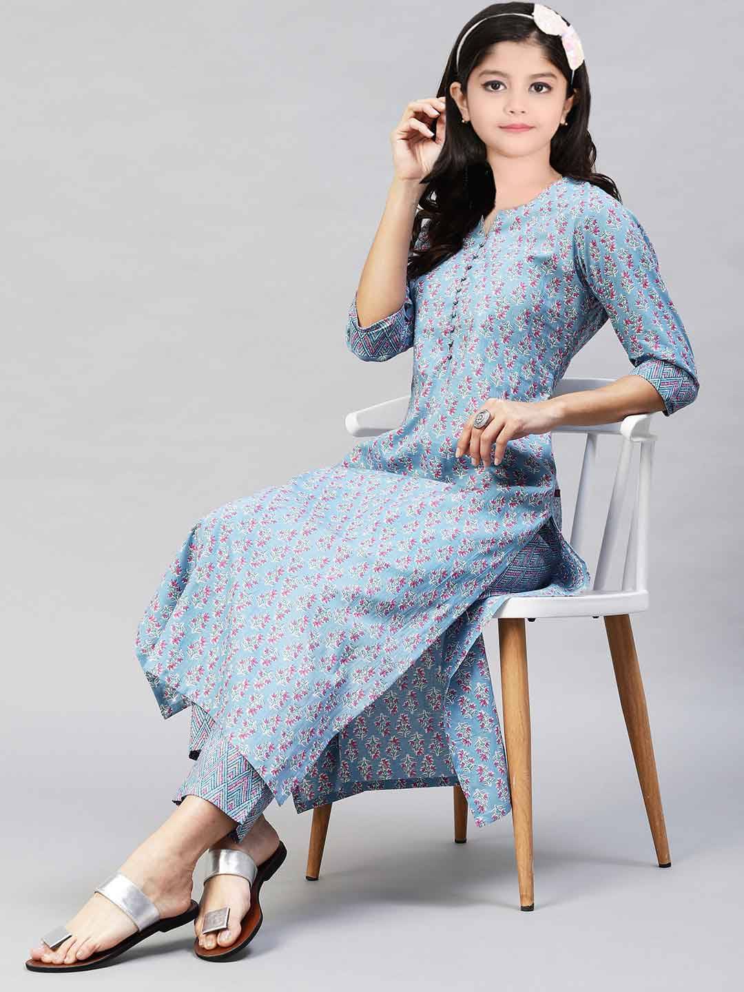     			Bholukart Girls Cotton Blend Kurti with Pants ( Pack of 1 , Aqua )
