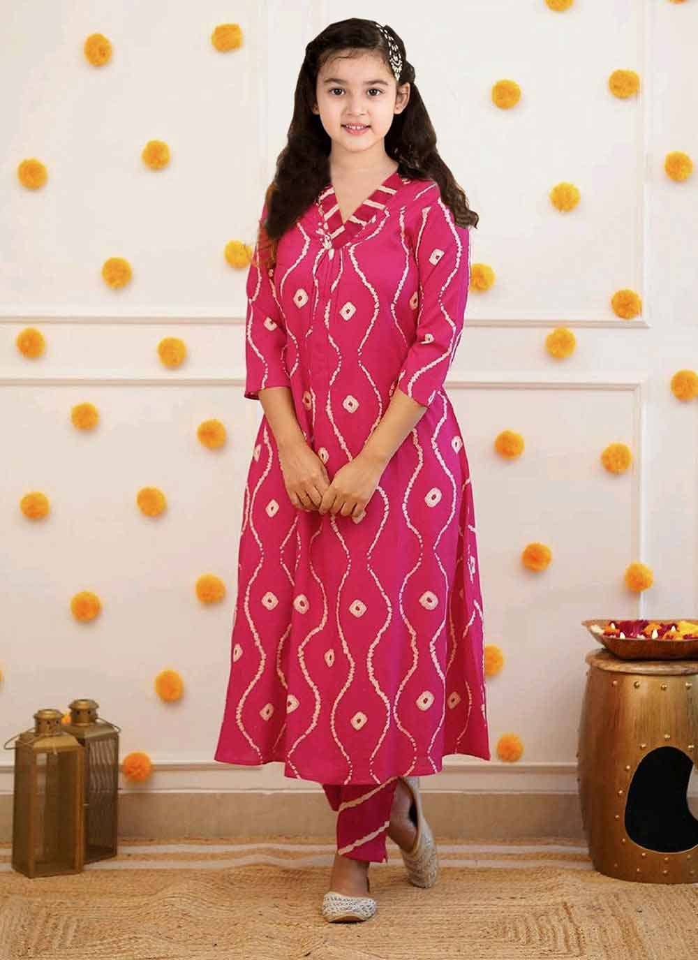 Bholukart Girls Cotton Blend Kurti with Pants ( Pack of 1 , Pink )