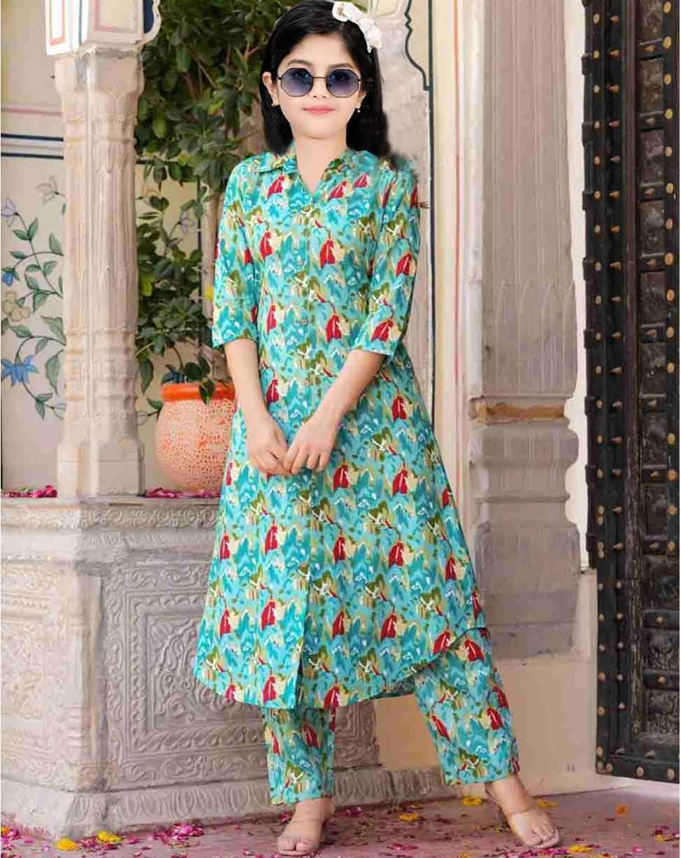     			Bholukart Girls Cotton Blend Kurti with Pants ( Pack of 1 , Light Green )
