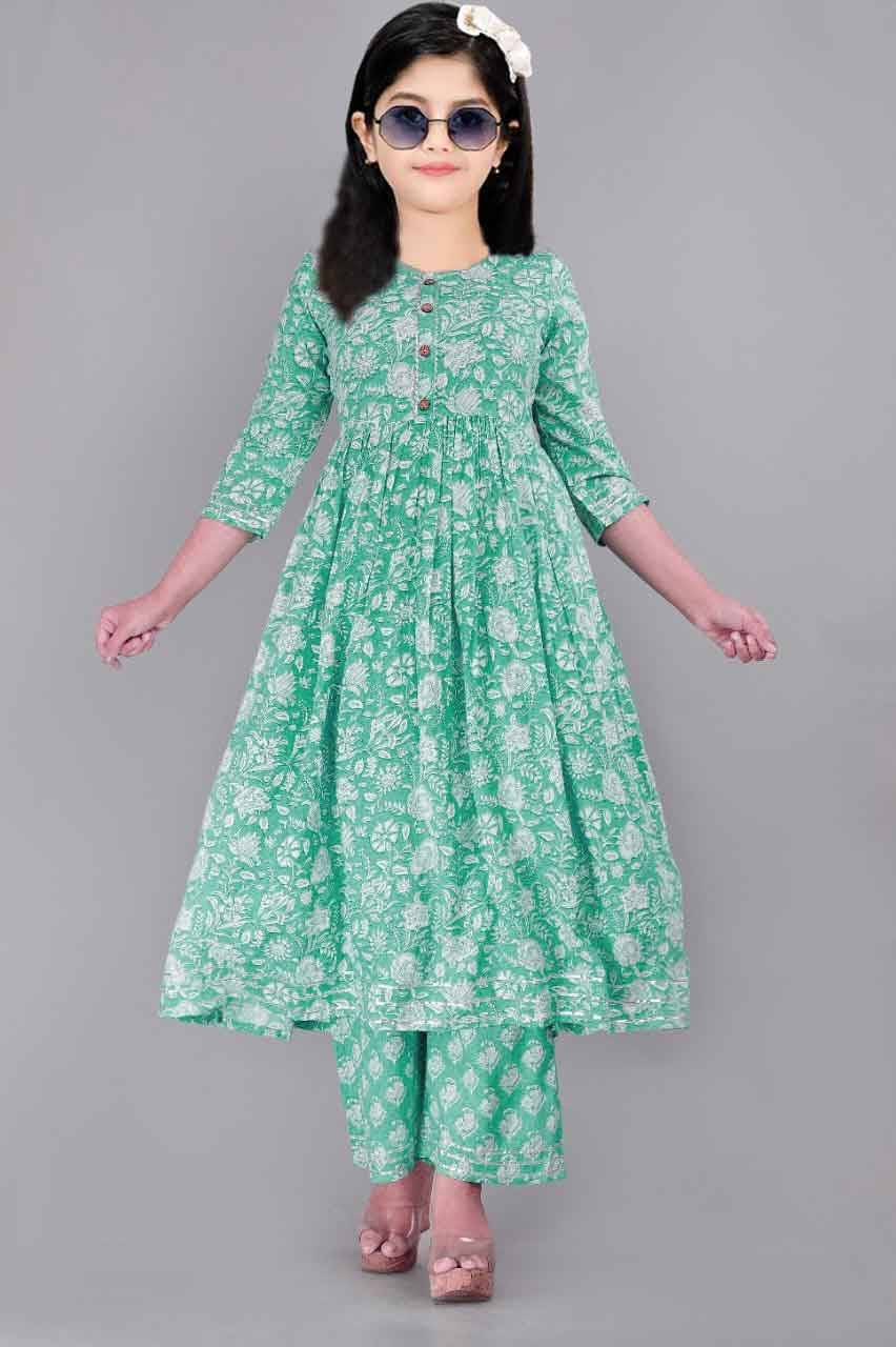     			Bholukart Girls Cotton Blend Kurti with Pants ( Pack of 1 , Sea Blue )