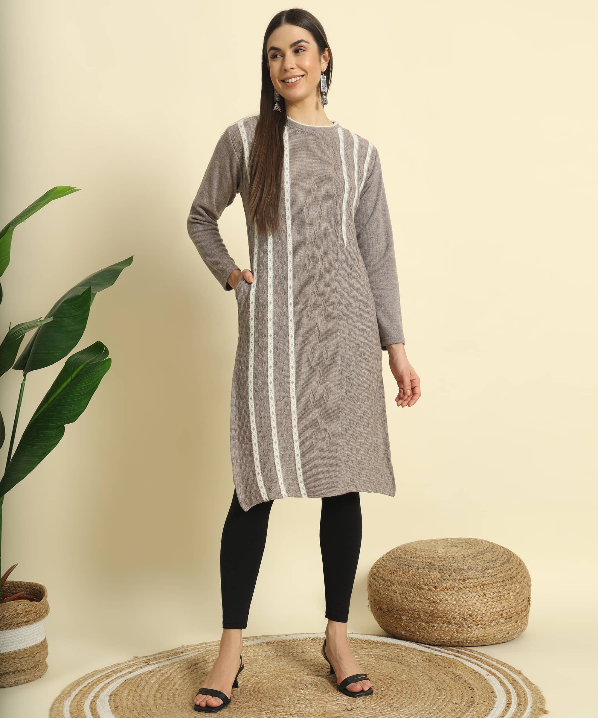     			Canblar Women's Woollen Self Design Straight Kurti - ( Grey )