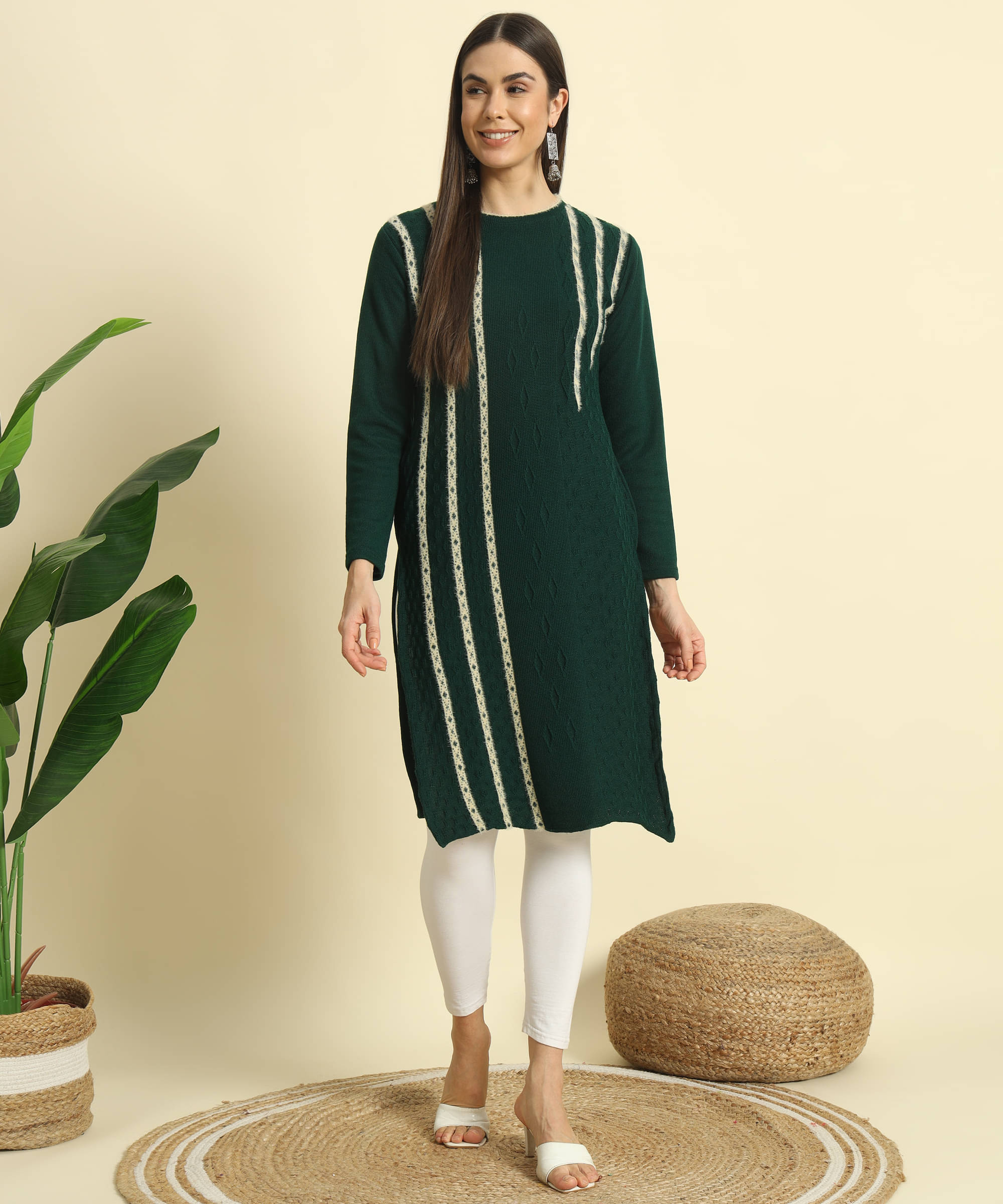 Canblar Women's Woollen Self Design Straight Kurti - ( Green ) Canblar Women's Woollen Self Design Straight Kurti - ( Green )