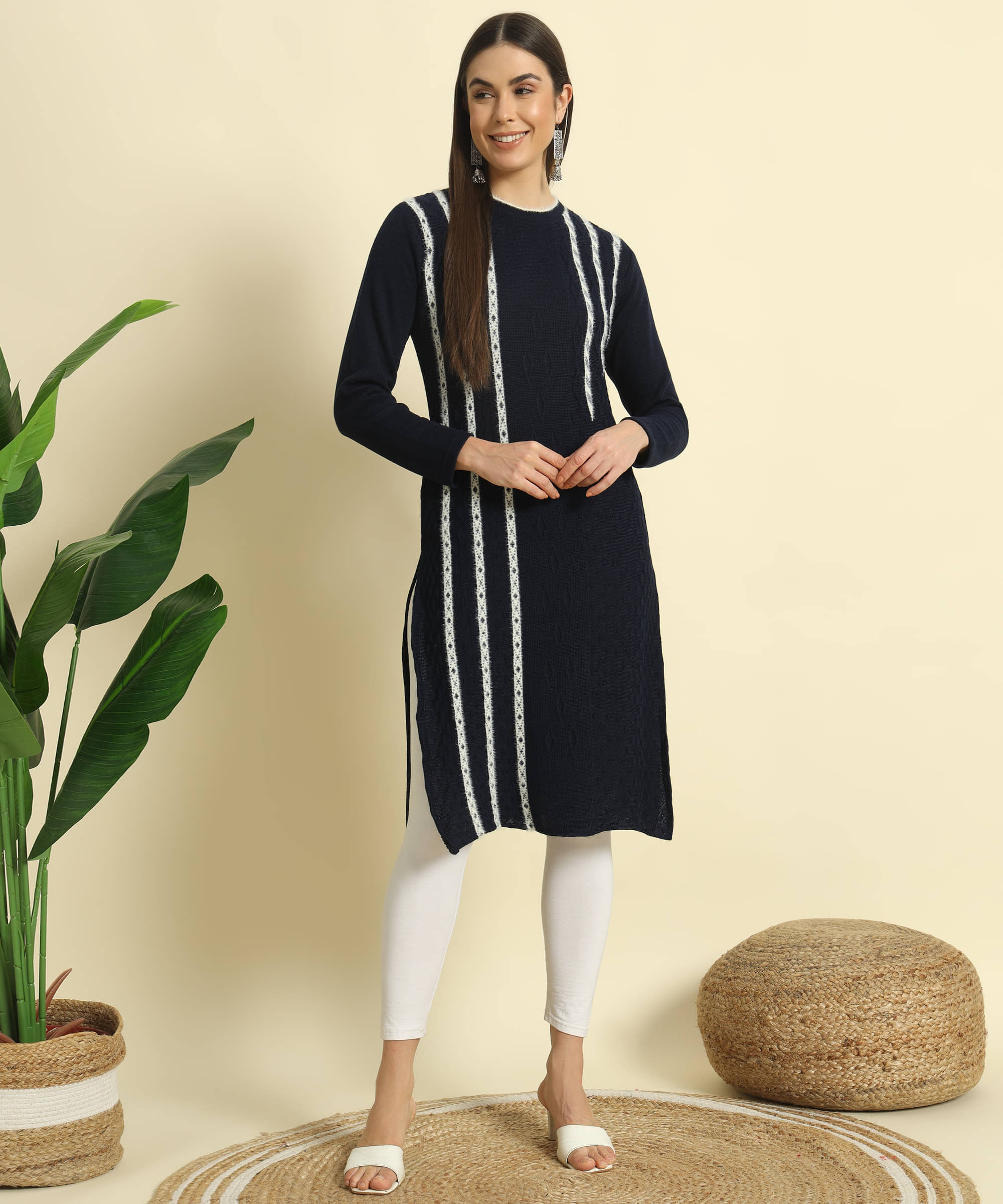 Canblar Women's Woollen Self Design Straight Kurti - ( Navy Blue ) Canblar Women's Woollen Self Design Straight Kurti - ( Navy Blue )