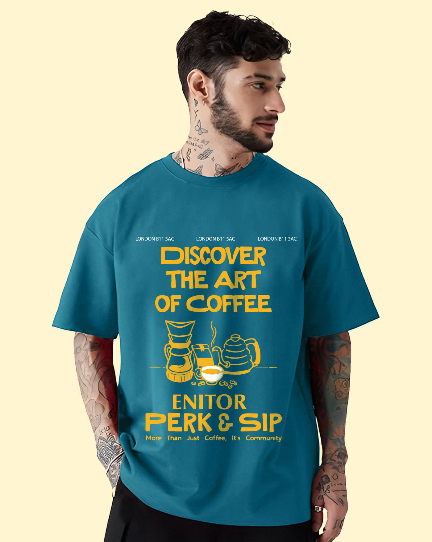 ENITOR Men Cotton Blend Oversized Fit Printed T-Shirt ( Teal )     			ENITOR Men Cotton Blend Oversized Fit Printed T-Shirt ( Teal )