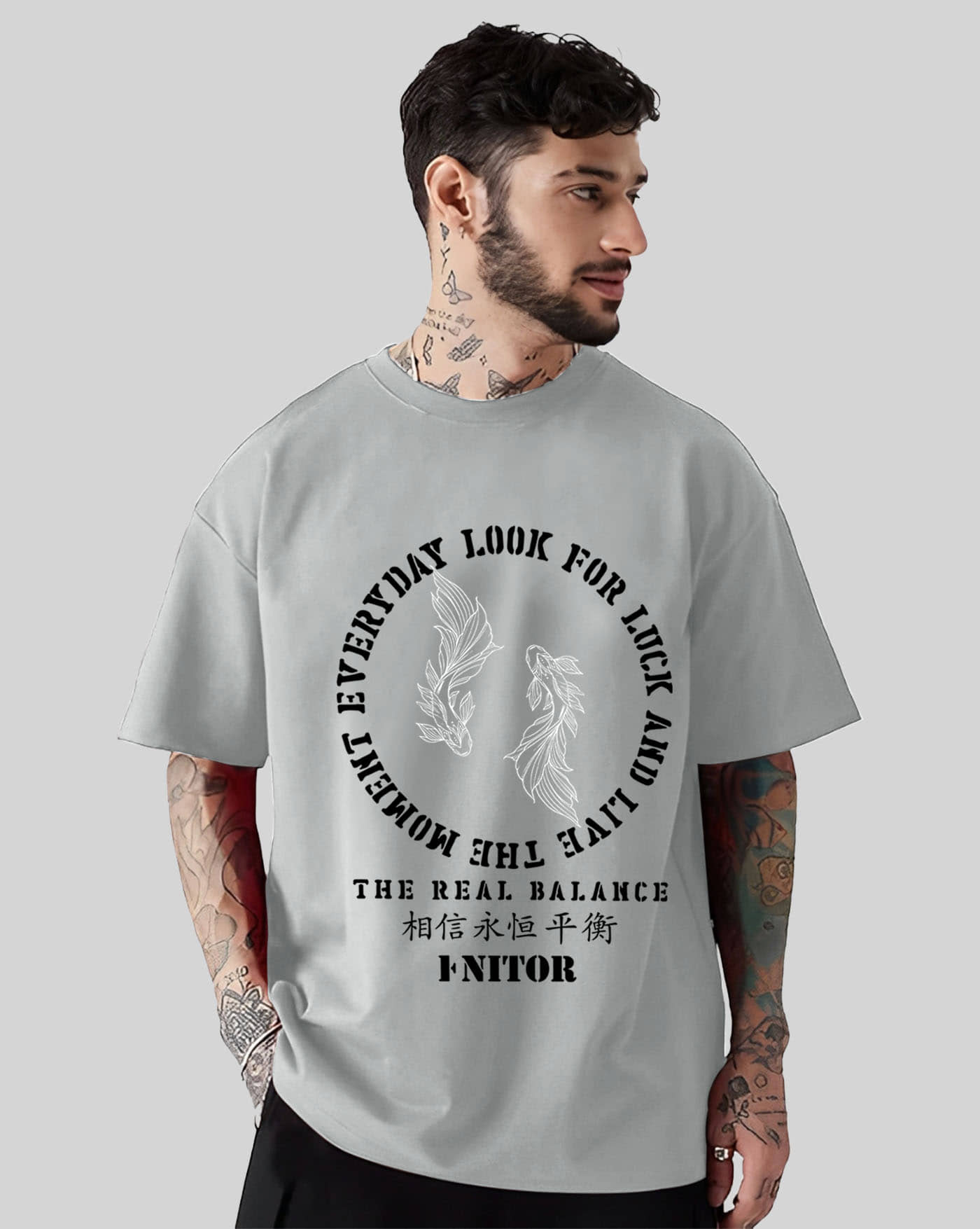 ENITOR Men Cotton Blend Oversized Fit Printed T-Shirt ( Grey )