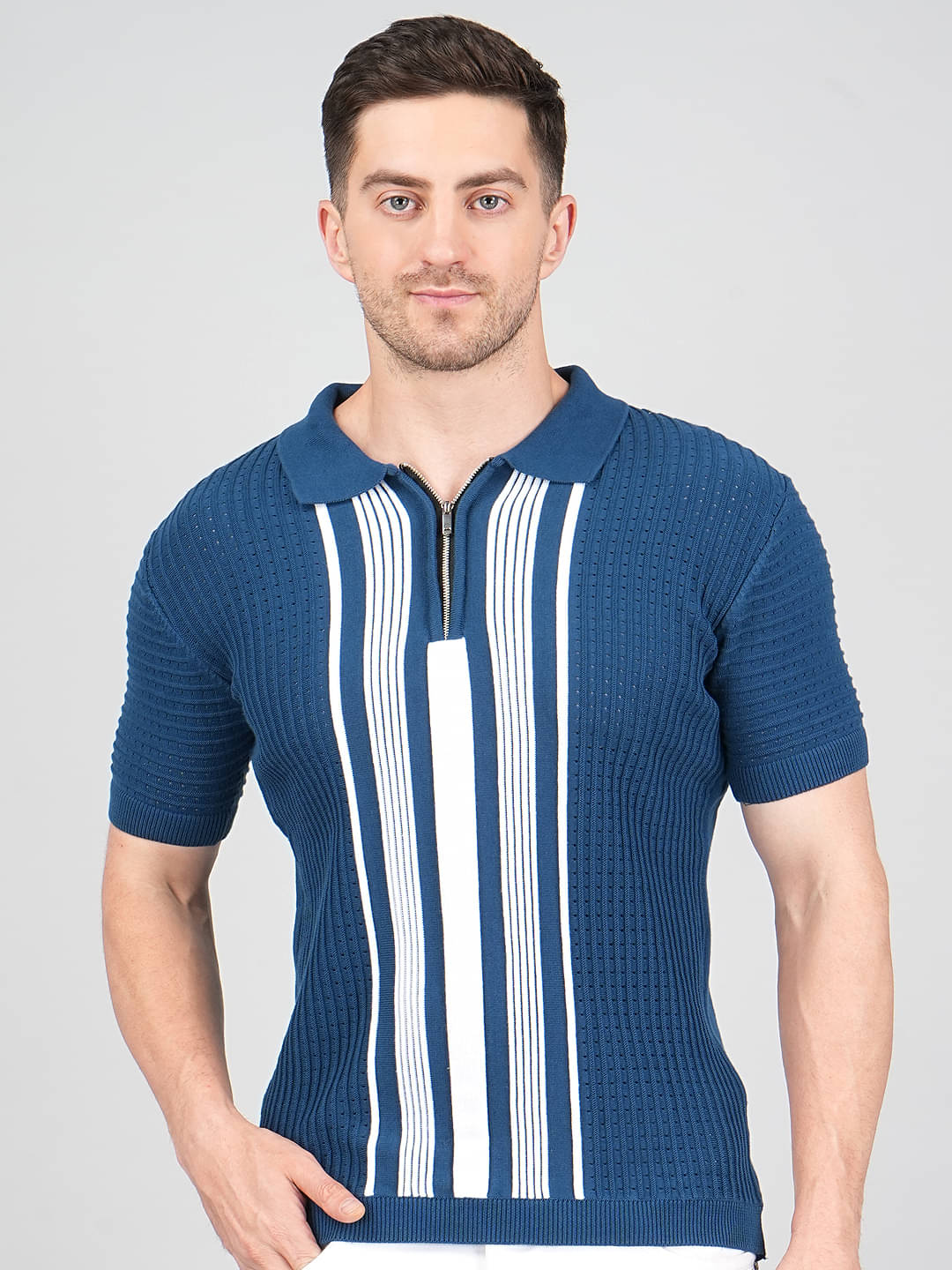     			FEVERFEW Men Cotton Regular Fit Striped Polo T Shirt ( Navy Blue )