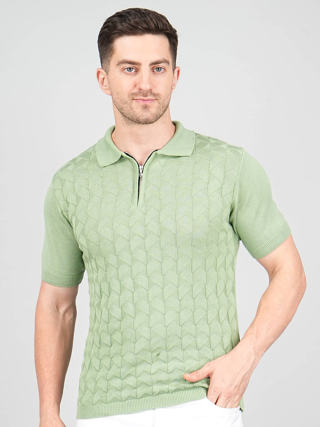     			FEVERFEW Men Cotton Regular Fit Self Design Polo T Shirt ( Light Green )