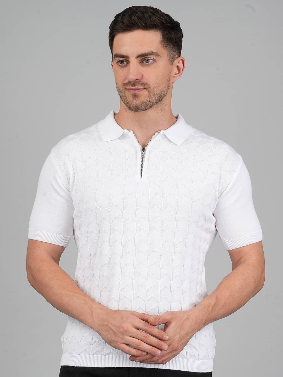FEVERFEW Men Cotton Regular Fit Self Design Polo T Shirt ( White ) FEVERFEW Men Cotton Regular Fit Self Design Polo T Shirt ( White )