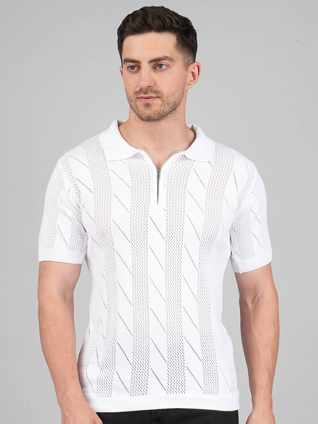 FEVERFEW Men Cotton Regular Fit Self Design Polo T Shirt ( White ) FEVERFEW Men Cotton Regular Fit Self Design Polo T Shirt ( White )