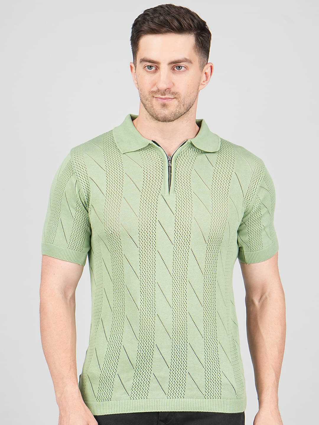 FEVERFEW Men Cotton Regular Fit Self Design Polo T Shirt ( Light Green ) FEVERFEW Men Cotton Regular Fit Self Design Polo T Shirt ( Light Green )