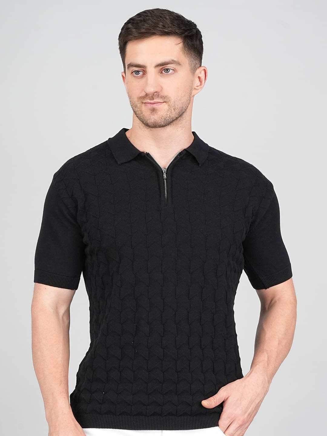     			FEVERFEW Men Cotton Regular Fit Self Design Polo T Shirt ( Black )