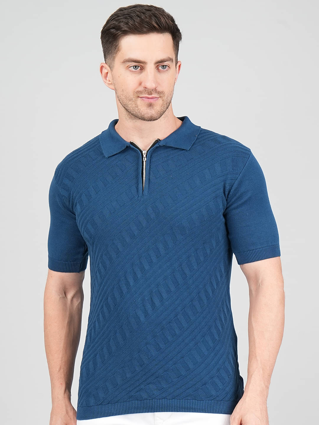     			FEVERFEW Men Cotton Regular Fit Self Design Polo T Shirt ( Blue )