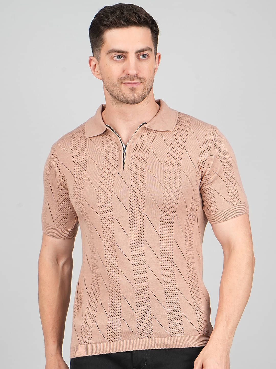 FEVERFEW Men Cotton Regular Fit Self Design Polo T Shirt ( Camel ) FEVERFEW Men Cotton Regular Fit Self Design Polo T Shirt ( Camel )