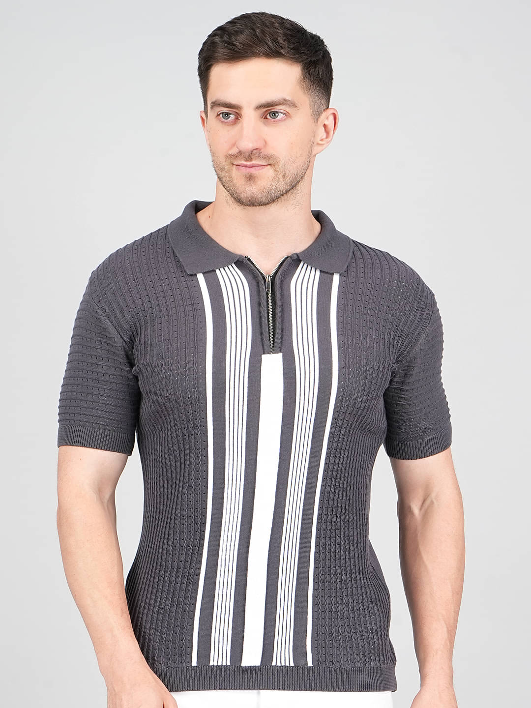     			FEVERFEW Men Cotton Regular Fit Striped Polo T Shirt ( Charcoal Grey )