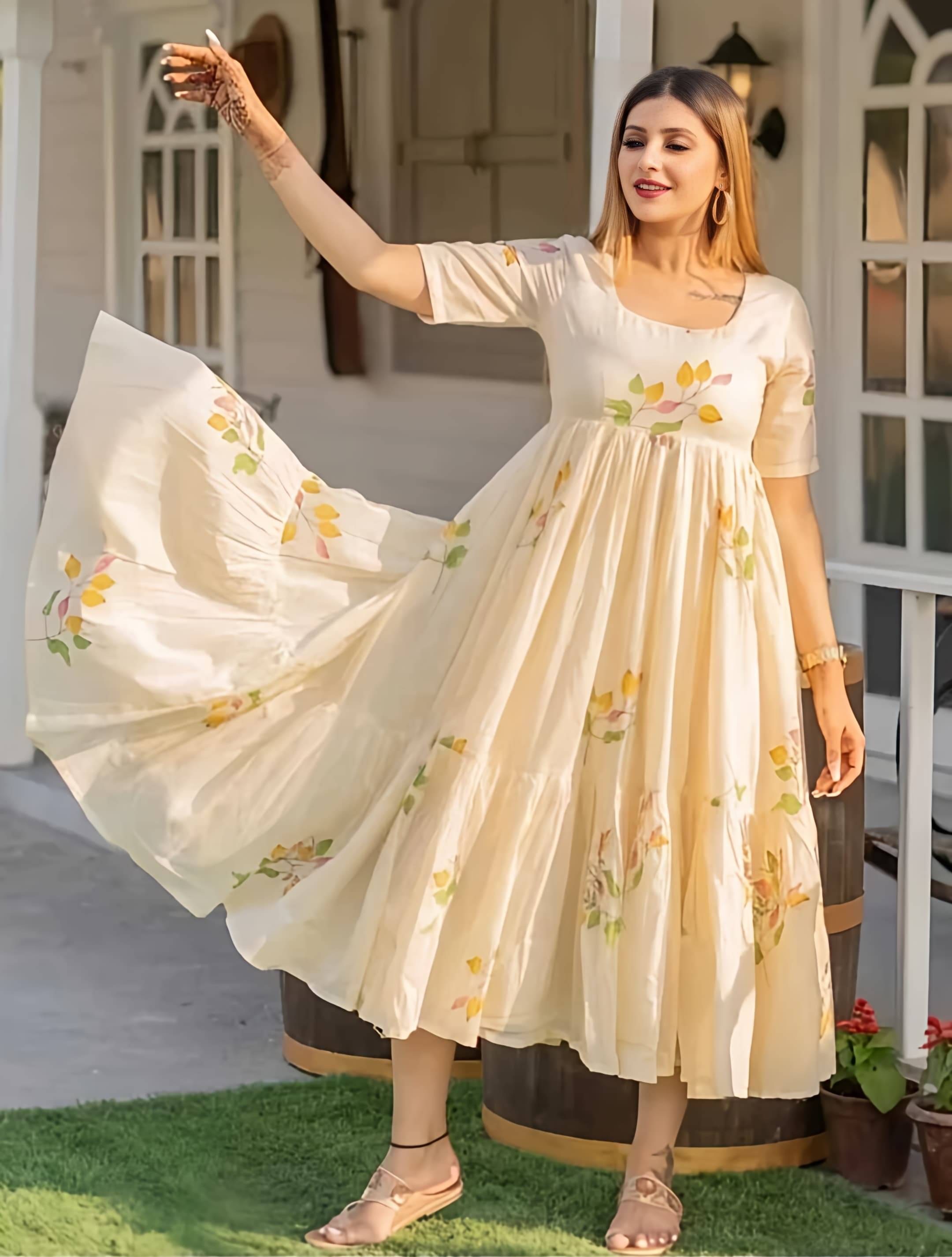 First Affair Women's Viscose Rayon Printed Anarkali Kurti - ( Beige )     			First Affair Women's Viscose Rayon Printed Anarkali Kurti - ( Beige )