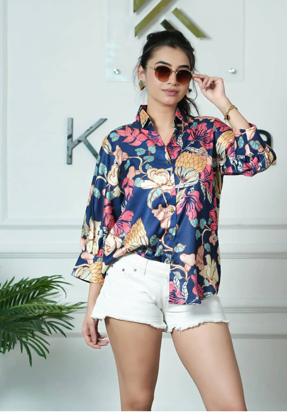 HARPITA Women Printed Satin Shirt ( Blue )
