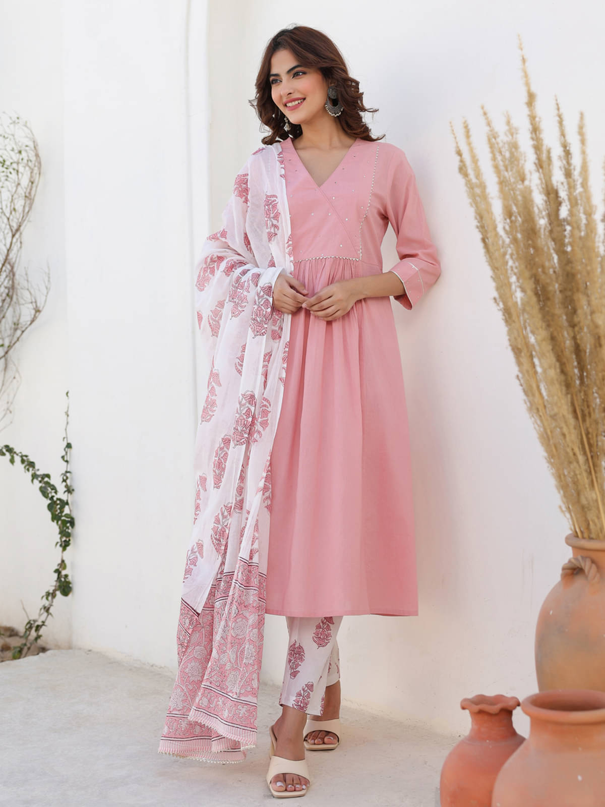     			Janasya Women Cotton Embellished A-line Kurti With Pants ( Pink )