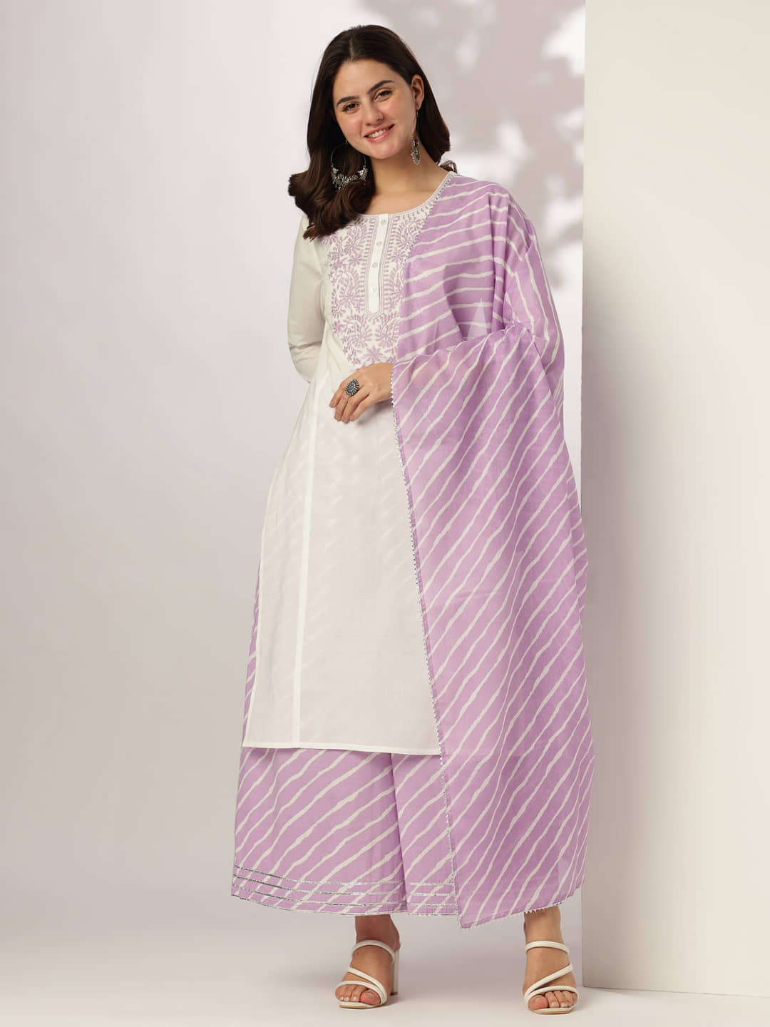 Janasya Women Cotton Embroidered Straight Kurti With Palazzo ( White )