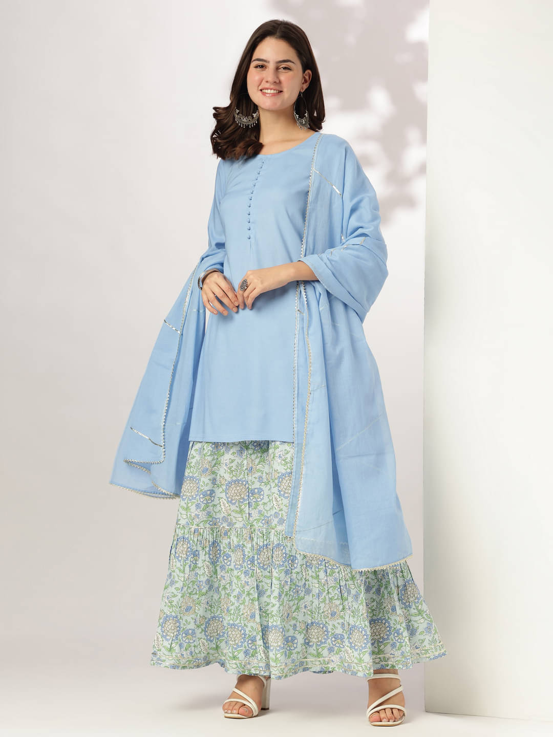     			Janasya Women Rayon Solid Straight Kurti With Sharara And Gharara ( Light Blue )