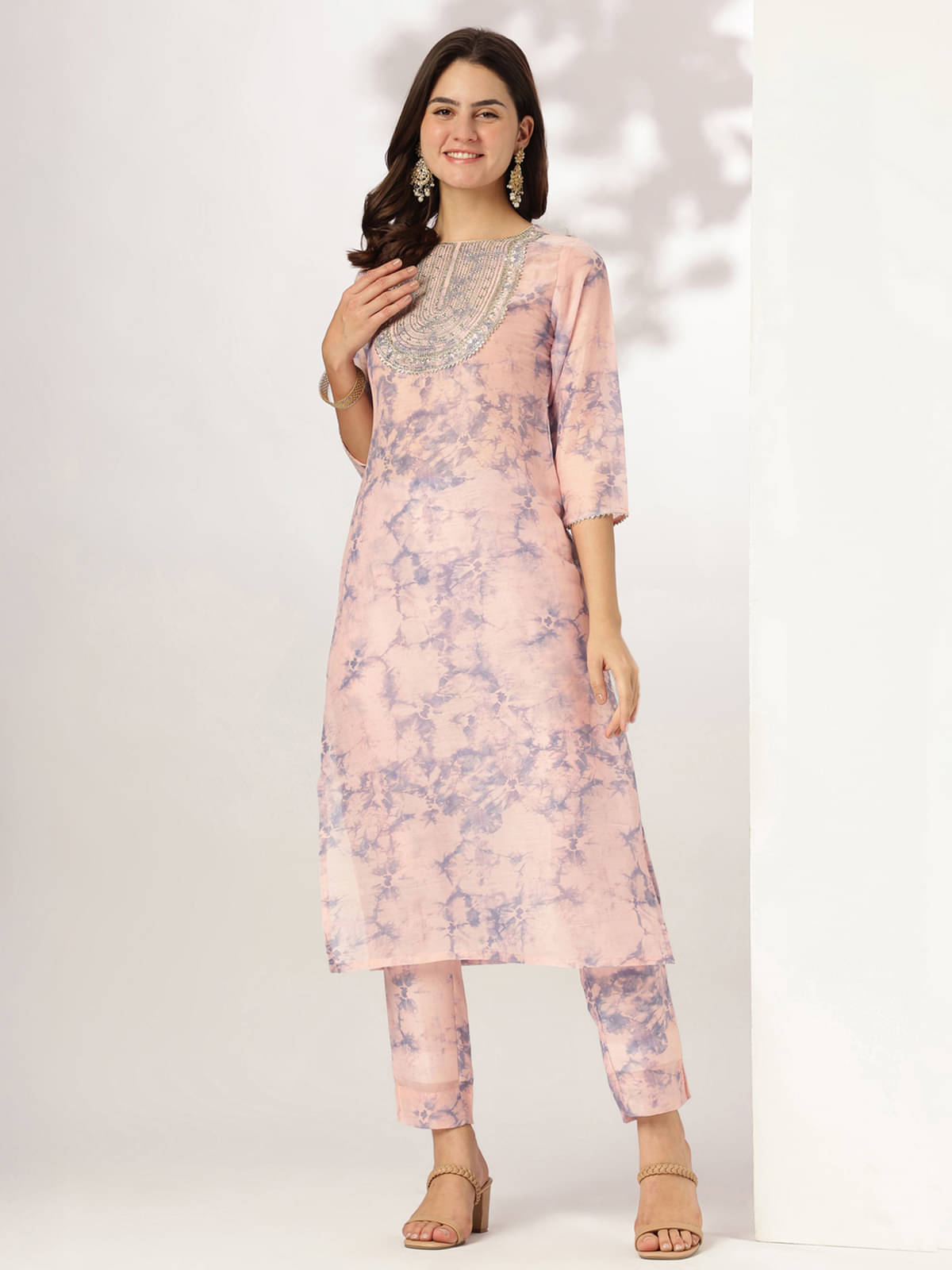     			Janasya Women Silk Blend Dyed Straight Kurti With Pants ( Peach )