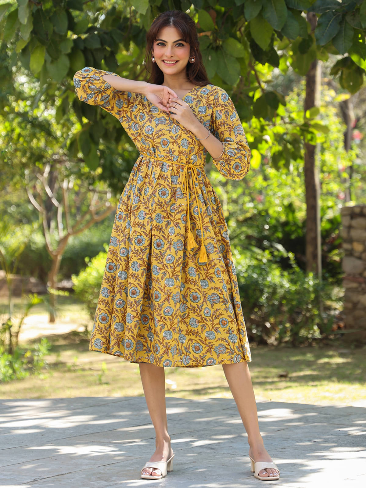     			Janasya Women's Cotton Printed Fit & Flare Dress ( Yellow )
