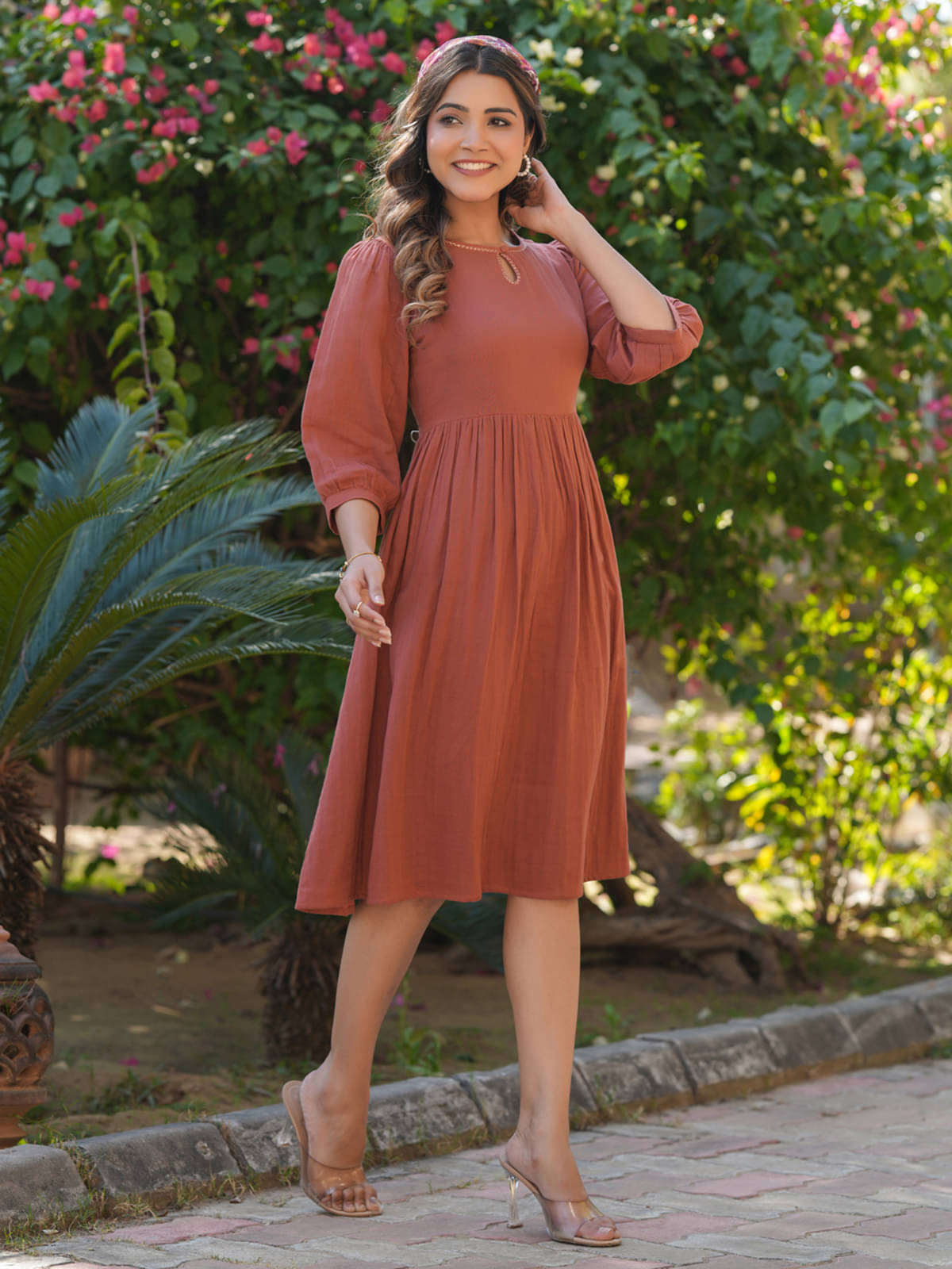     			Janasya Women's Cotton Solid Fit & Flare Dress ( Rust )