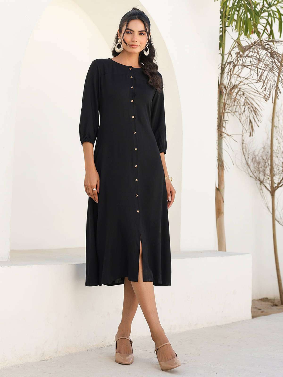 Janasya Women's Rayon Solid Shift Dress ( Black ) Janasya Women's Rayon Solid Shift Dress ( Black )