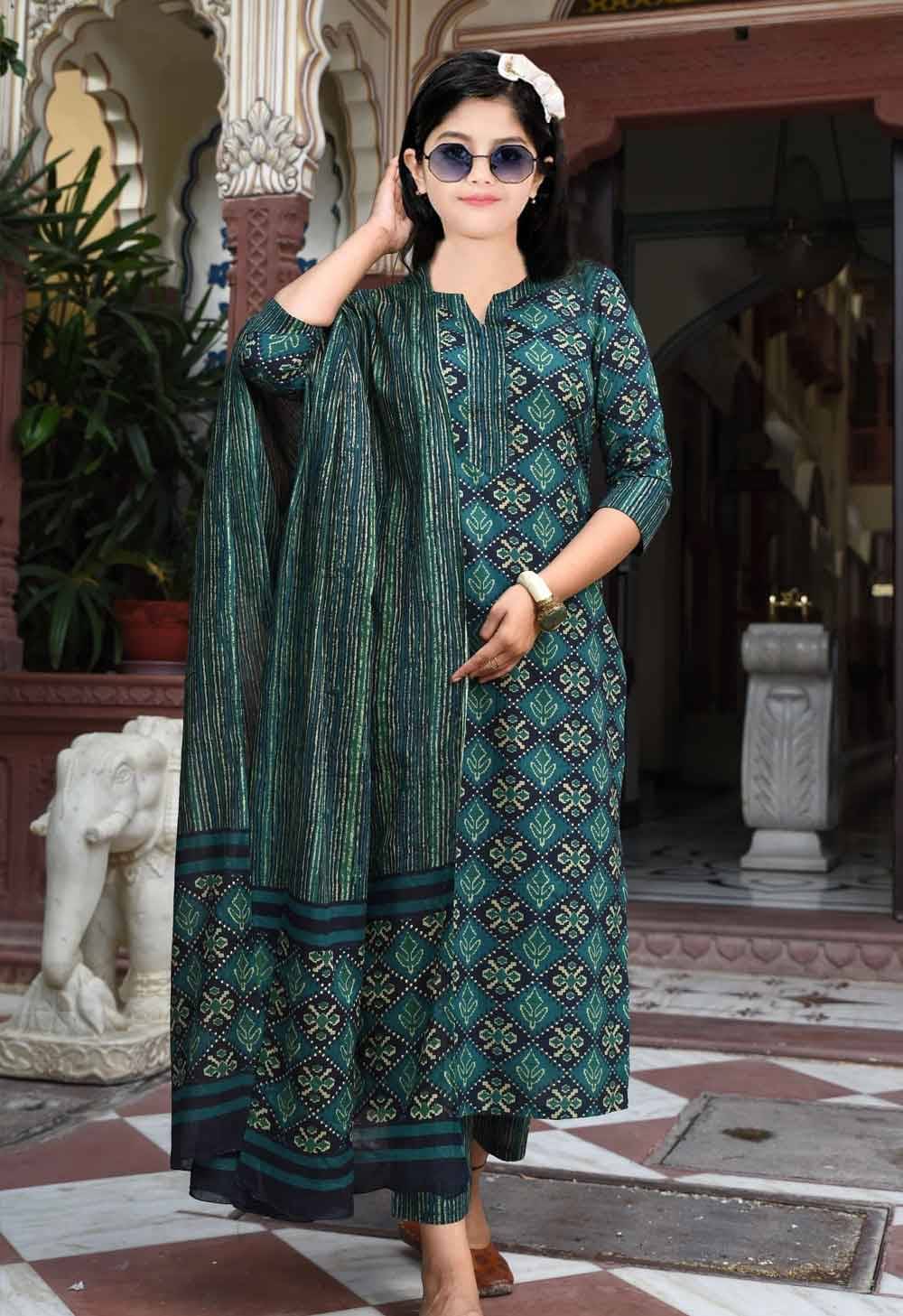     			Lady Shopi Girls Cotton Kurti with Pants ( Pack of 1 , Teal )