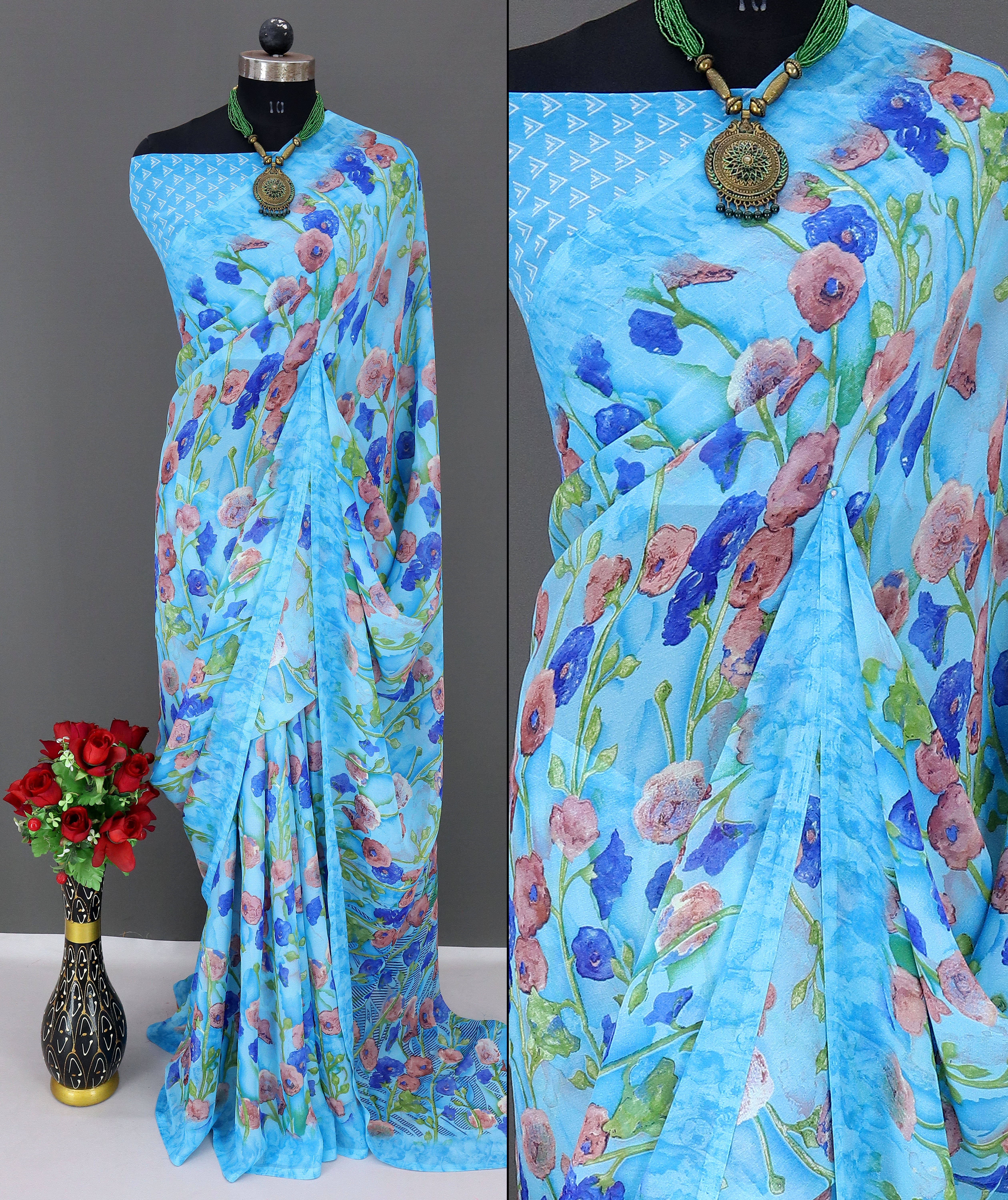     			Rekha Maniyar Georgette Printed Saree With Unstitched Blouse Piece ( Aqua Blue )