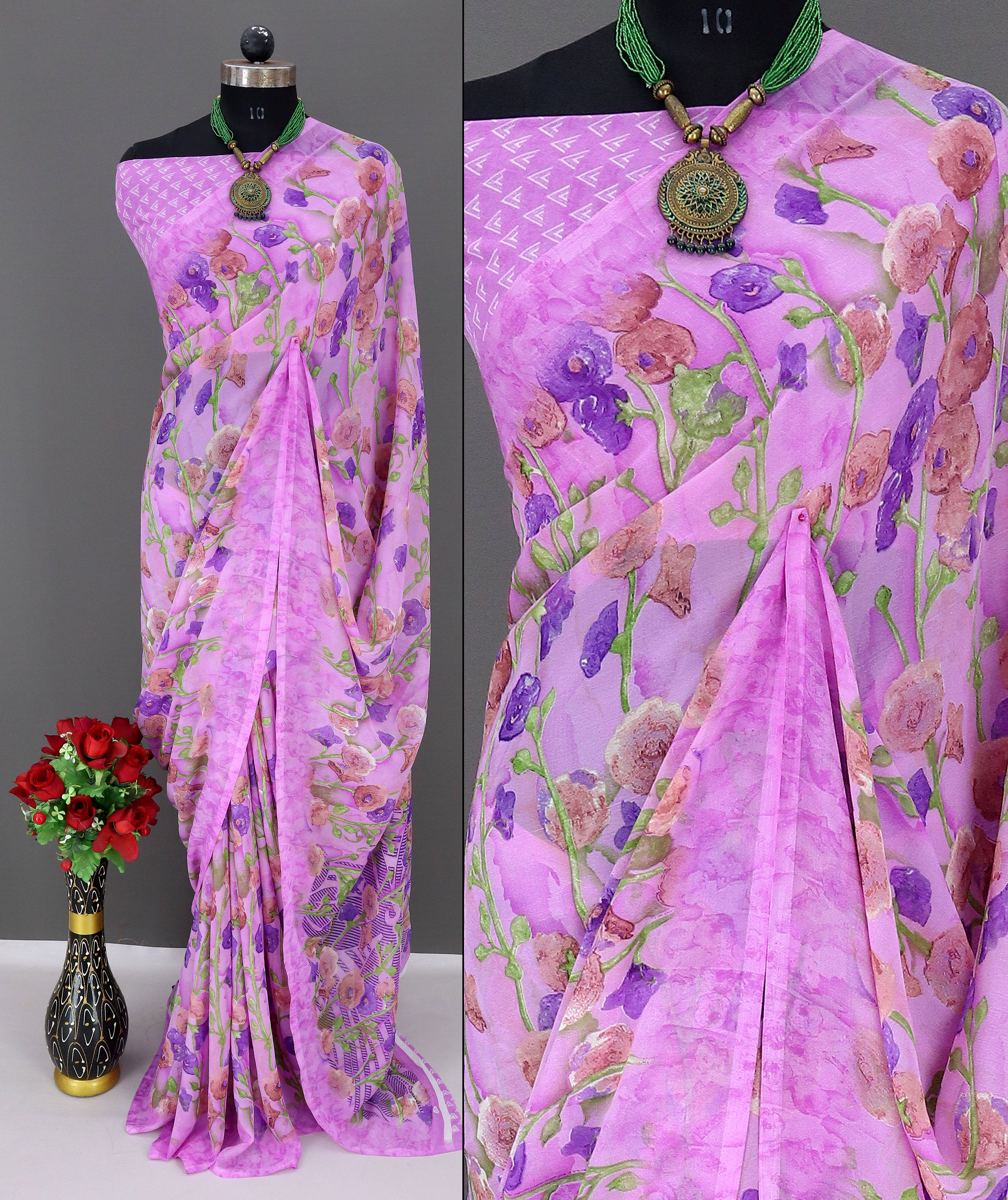 Rekha Maniyar Georgette Printed Saree With Unstitched Blouse Piece ( Fluorescent Pink ) Rekha Maniyar Georgette Printed Saree With Unstitched Blouse Piece ( Fluorescent Pink )